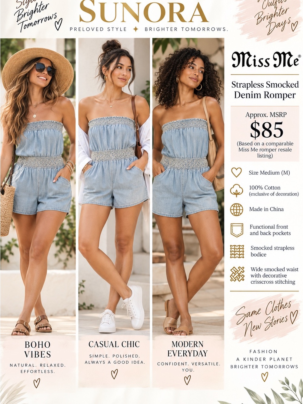 Miss Me Light Blue Strapless Smocked Denim Romper